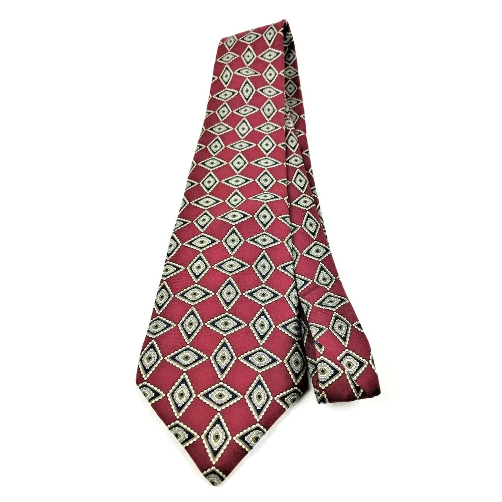 Yves Saint Laurent Burgundy Geometric Diamond Print Silk Vintage Men Neck Tie